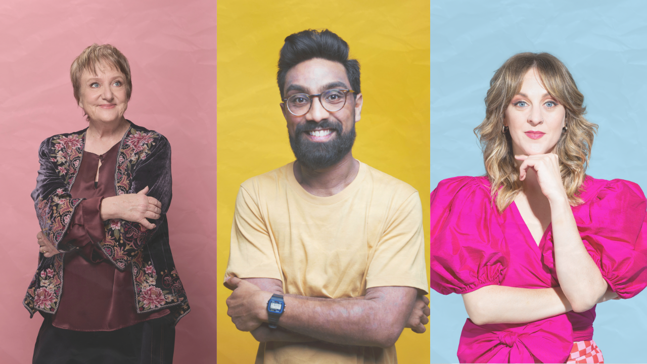 Promo banner for Queenscliff Music Festival comedy program featuring Denise Scott, Xavier Michelides, and Claire Hooper against colorful backdrops.